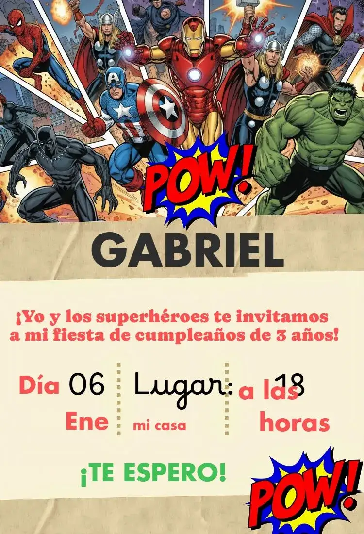 Invitación Invitación Superhéroes – tema Cumpleaños Infantil colorido, divertido, moderno, temático, ilustraciones de superhéroes, estilo cartoon