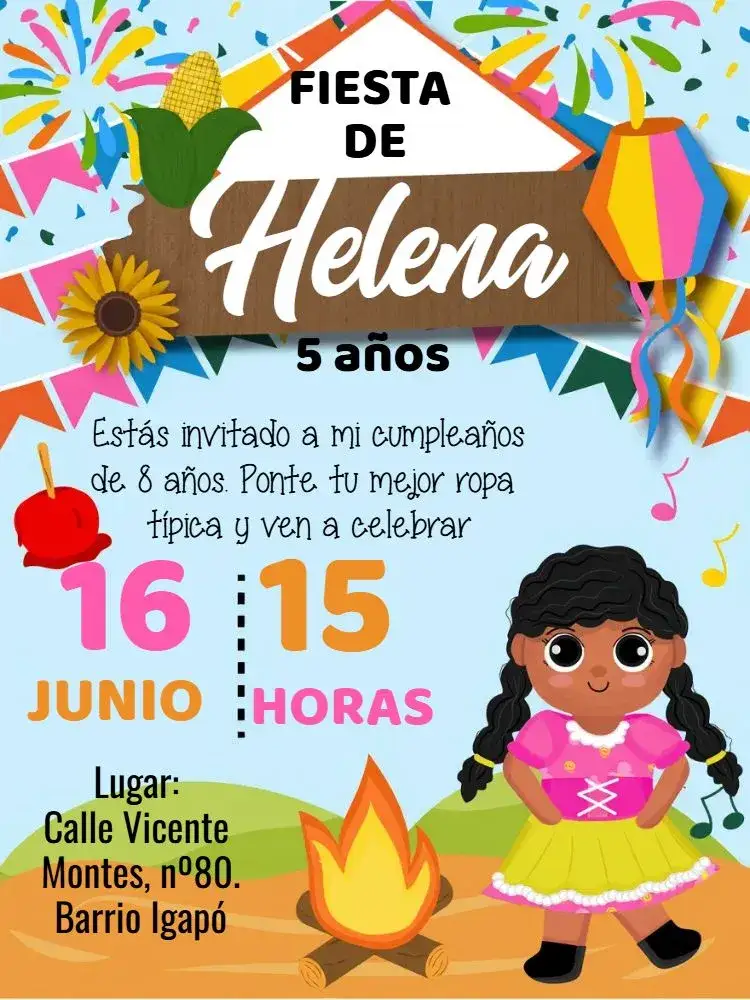 Invitación Fiesta Junina Arraiá São – tema Fechas Conmemorativas colorido, temático, vibrante, rústico, divertido, festivo
