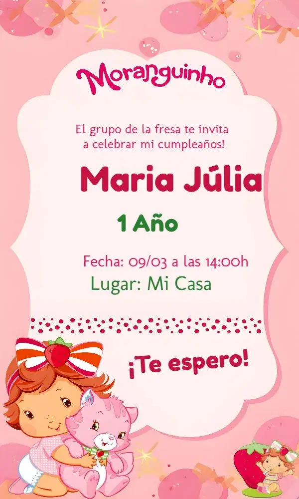 Invitación Fresa Bebé Rosa – tema Más buscados rosa, divertido, infantil, colorido, doce, lúdico