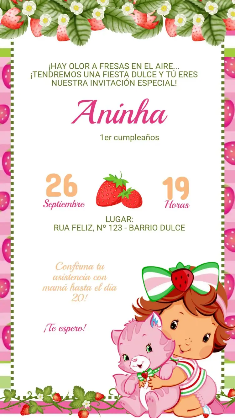 Invitación Invitación Fresa – tema Cumpleaños Infantil colores vibrantes, elementos gráficos de frutas, estilo lúdico, diseño alegre, tema divertido, motivos florales