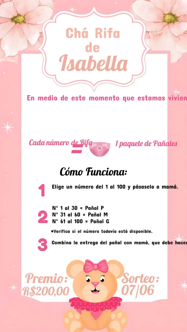 Invitación Té de Rifa Osita Lazo – tema Té Rifa floral, rosa, delicado, infantil, moderno