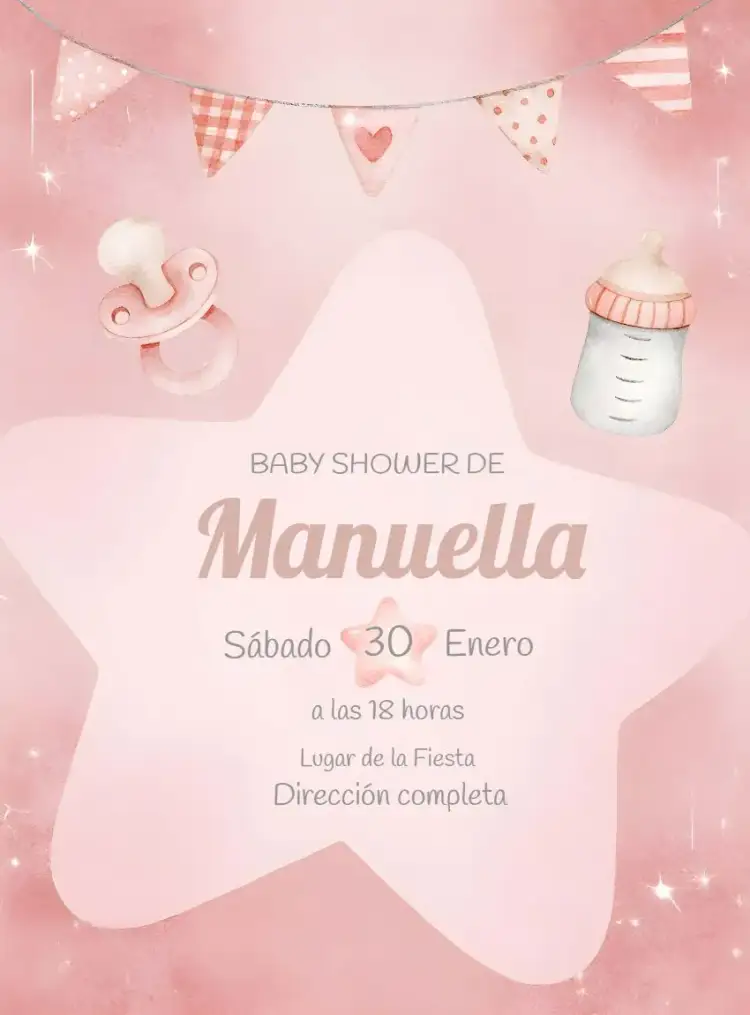 Invitación Baby Shower Estrella Acuarela Pañales – tema Baby Shower acuarela, rosa, delicado, infantil, pañales, estrella