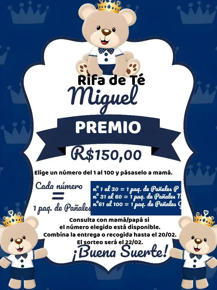 Invitación Té Rifa Osito Príncipe Números – tema Té Rifa azul, negro, blanco, infantil, lúdico, moderno