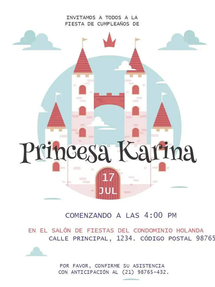 Invitación Castillo Simple Lúdico – tema Cumpleaños Infantil lúdico, azul, blanco, nubes, simplicidad, mágico