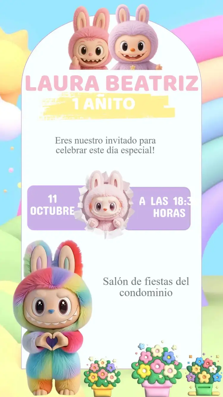 Invitación Invitación Cumpleaños Labubu – tema Cumpleaños Infantil colores alegres, estilo lúdico, personajes infantiles, diseño vibrante, elementos gráficos divertidos, tema de fiesta