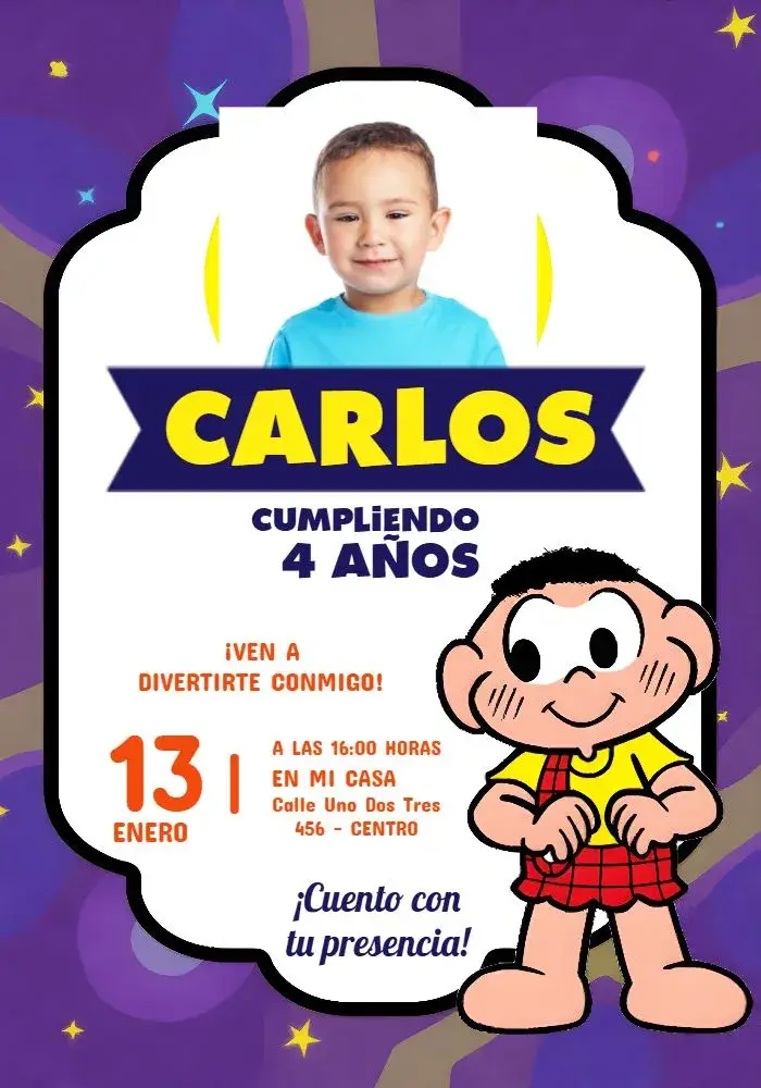 Invitación Cascão Turma Da Mônica Con Foto Turmadamonica editable y personalizable