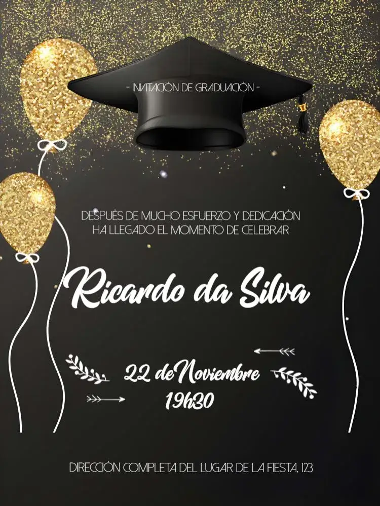 Invitación Graduación Glitter – tema Graduación brillo, dorado, negro, brillante, moderno, elegante
