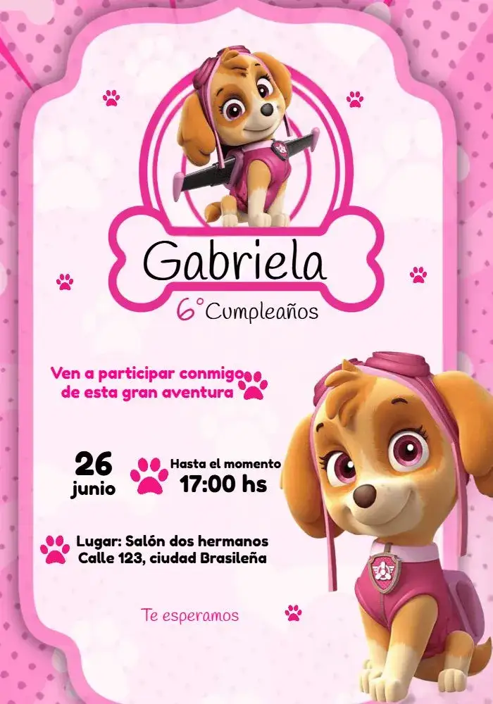Invitación Skye Patrulla Canina Animación – tema Cumpleaños Infantil rosa, negro, animación, divertido, temático, infantil
