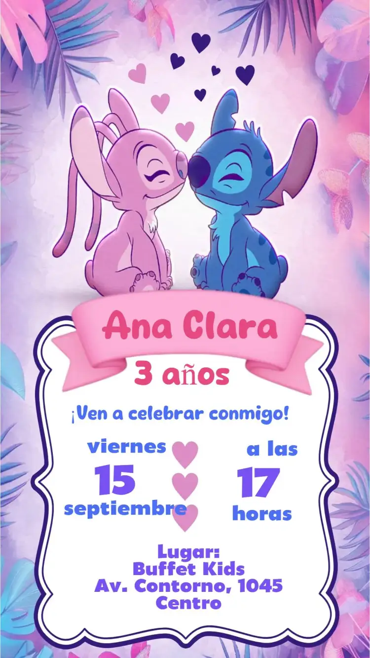 Invitación Angel y Stitch – tema Cumpleaños Infantil colorido, divertido, temático, infantil, animado