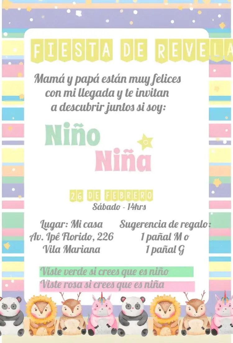 Invitación Baby Shower Safari Revelación Niño – tema Revelación Bebé safari, animales, colores vibrantes, divertido, moderno, temático