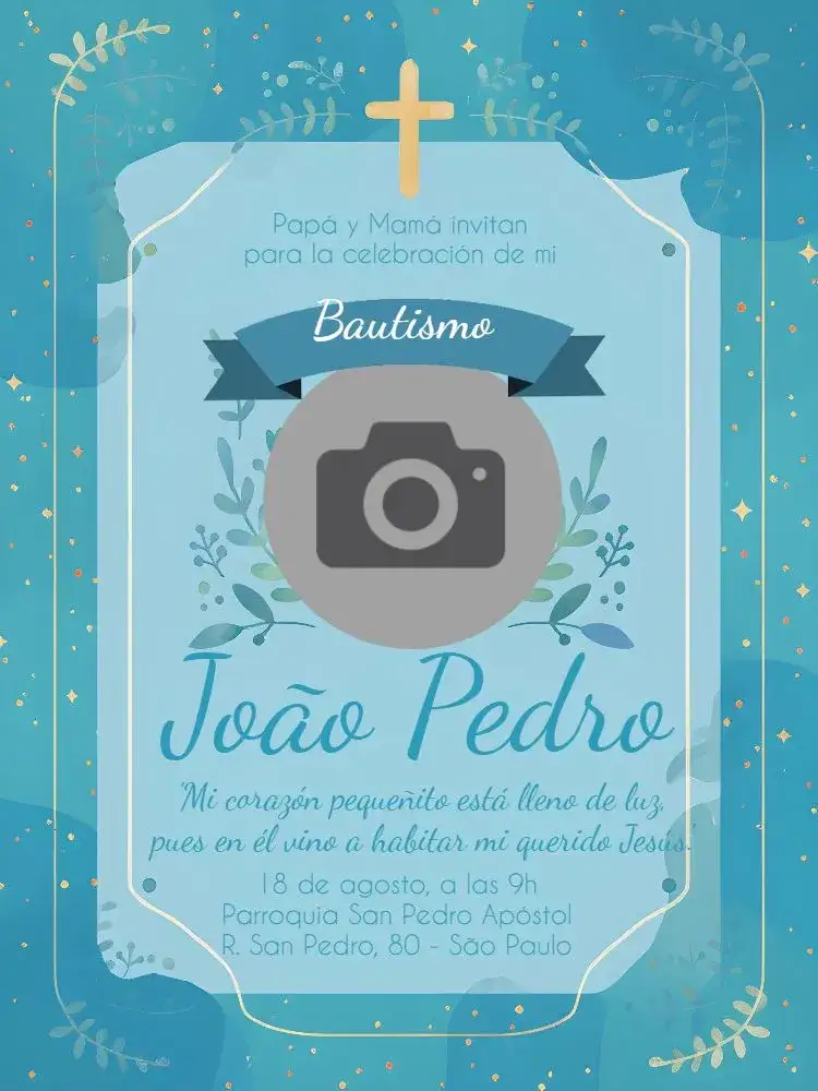 Invitación Bautizo Con Foto Follaje – tema Bautismo vegetación, azul, moderno, natural, delicado