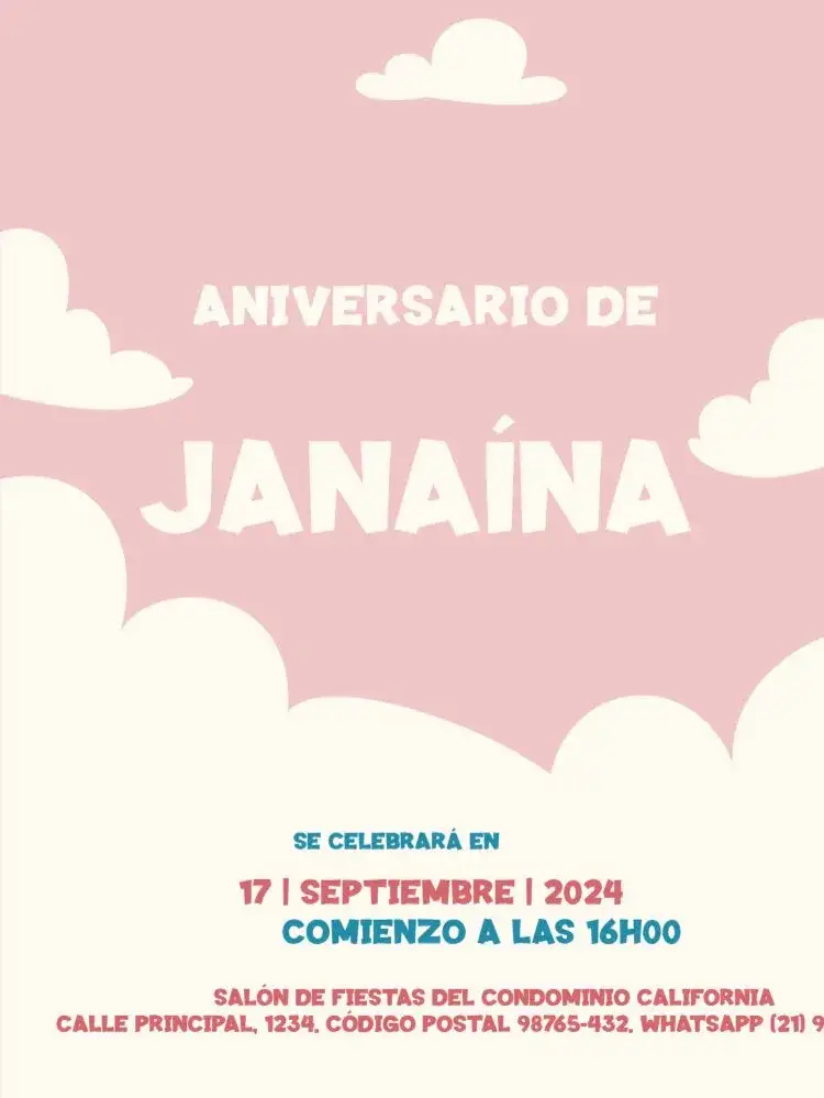 Invitación Rosa Con Nubes Dibujo – tema Cumpleaños Infantil lúdico, rosado, infantil, suave, divertido