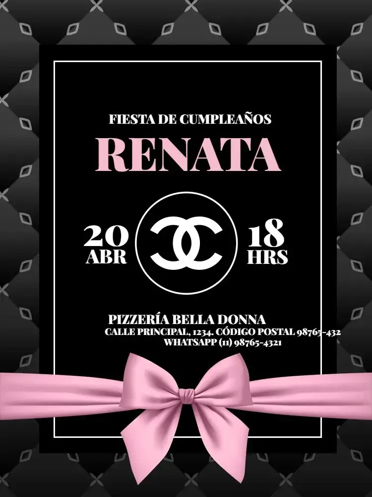 Invitación Femenino Adulto Chanel Negro y Rosa Elegante