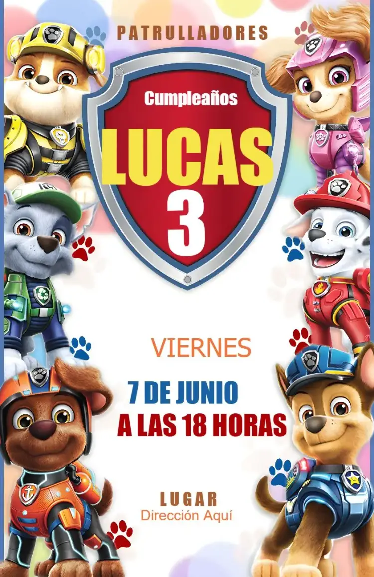 Invitación Patrulla Canina Dibujo – tema Cumpleaños Infantil colorido, divertido, acuarela, temático, infantil