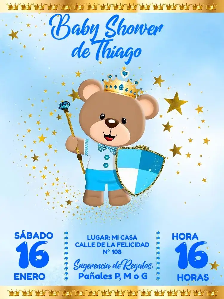 Invitación Baby Shower Príncipe Osito Blanco – tema Baby Shower azul, blanco, amarillo, estrellas, corona, lúdico