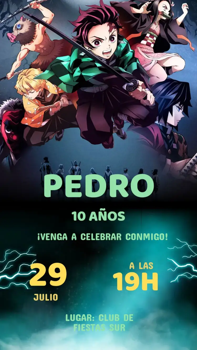 Invitación Invitación Cumpleaños Damon Slayer – tema Cumpleaños Infantil anime, aventura, colores vibrantes, ilustraciones dinámicas, estilo moderno, temática divertida