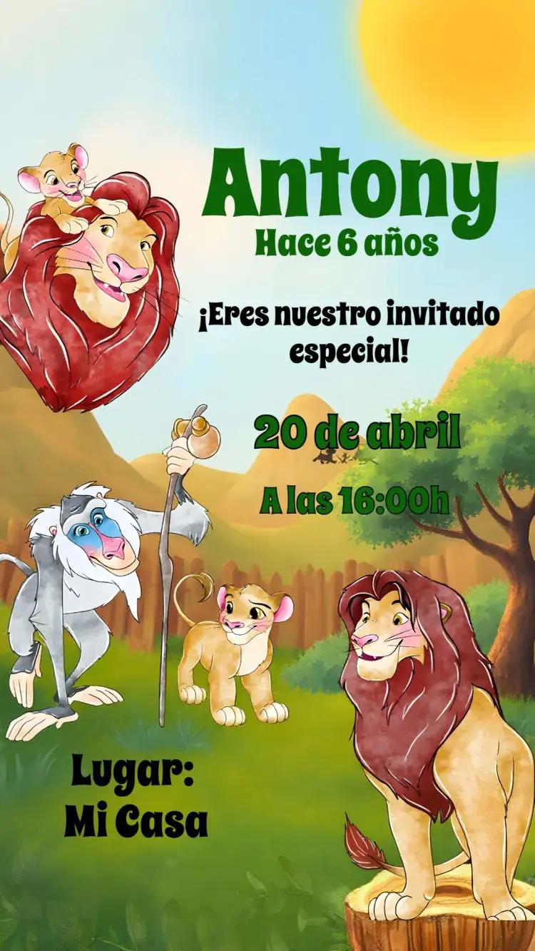 Invitación El Rey León Acuarela Disney – tema Cumpleaños Infantil acuarela, colorido, temático, divertido, naturaleza, Disney