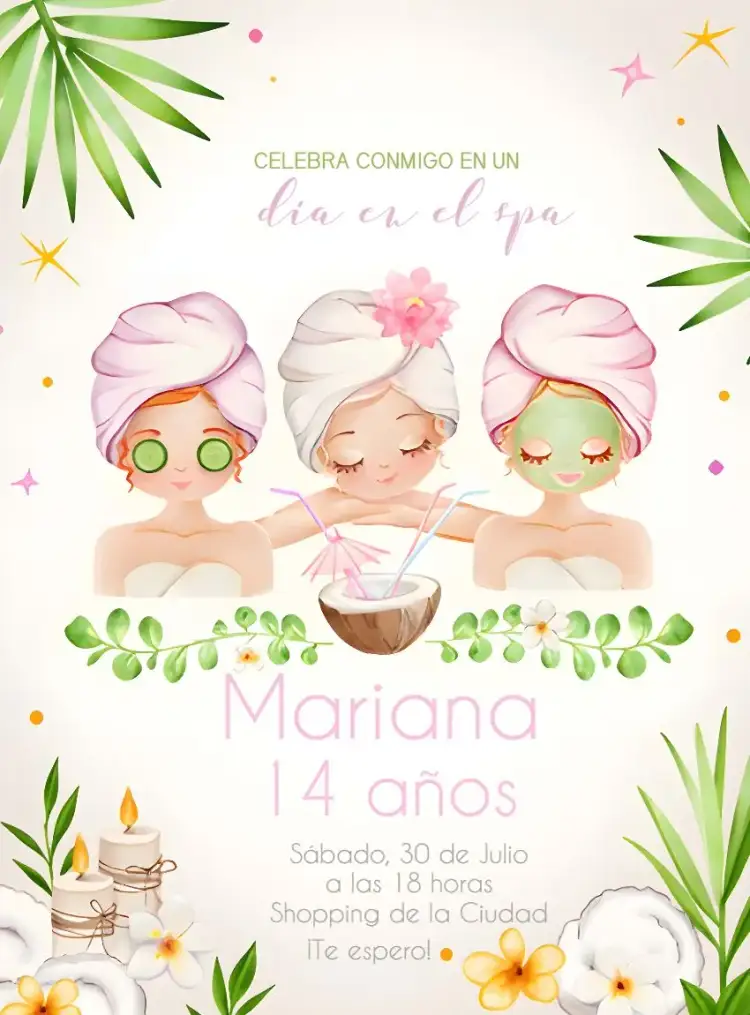 Invitación Día En El Spa Con Amigas – tema Más buscados rosa, verde, moderno, divertido, estilo de vida saudável, relajante