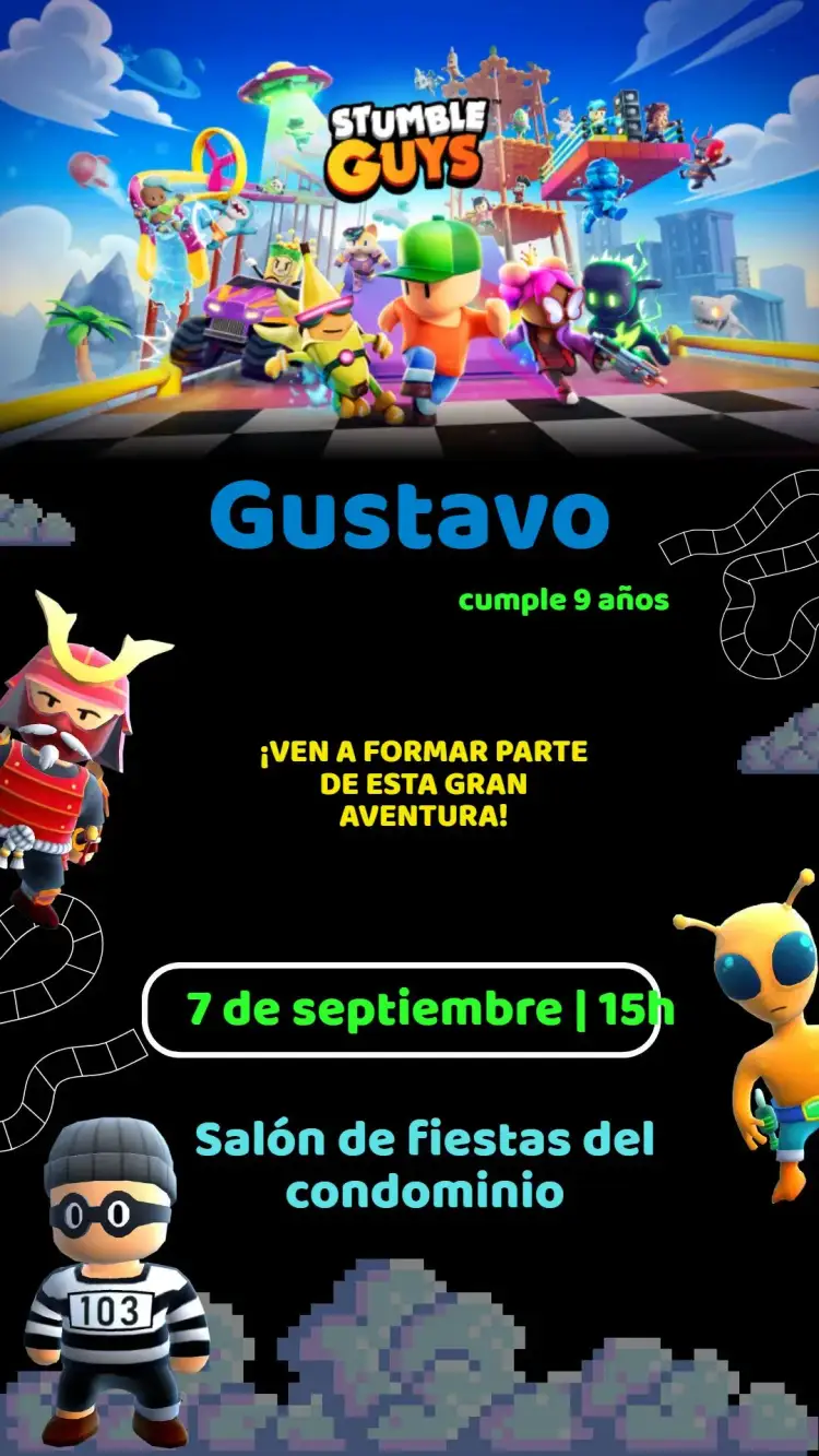 Invitación Invitación Cumpleaños Stumble Guys – tema Cumpleaños Infantil colorido, divertido, juegos, multijugador, aventura, plataforma