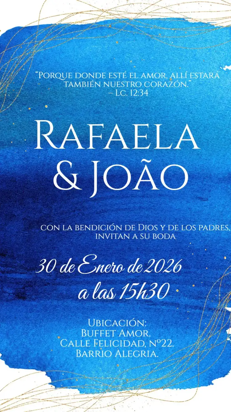 Invitación Boda Azul – tema Boda azul cobalto, dorado, acuarela, moderno, romántico, elegante
