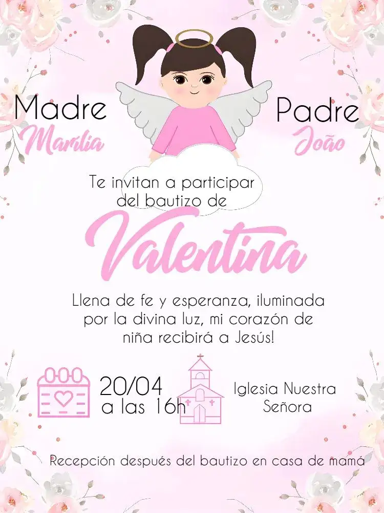 Invitación Bautizo Flores – tema Bautismo floral, romántico, delicado, moderno, suave, infantil