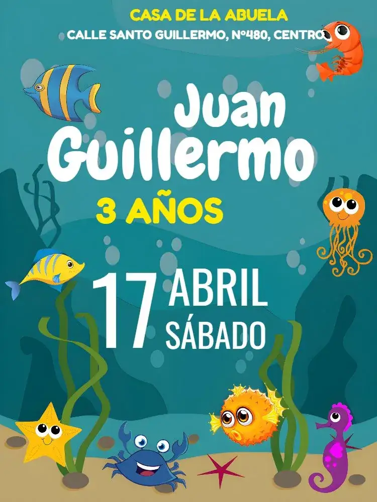 Invitación Fondo Del Mar Estrella – tema Cumpleaños Infantil azul marino, colorido, divertido, infantil, tropical
