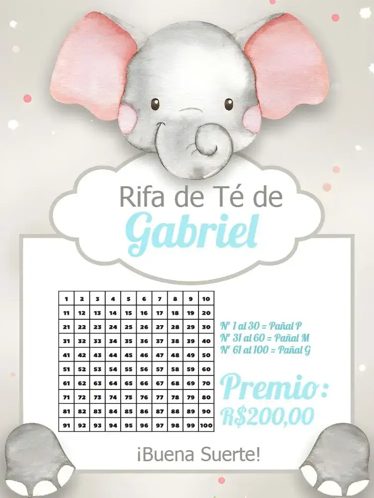 Invitación Chá Rifa Elefantito Safari – tema Té Rifa safari, minimalista, moderno, fofo, brincalhão, azul e cinza