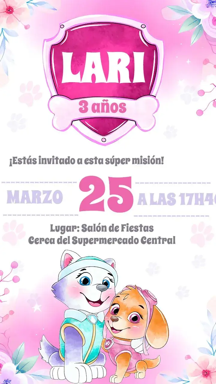 Invitación Skye Y Everest Patrulla Canina Flor