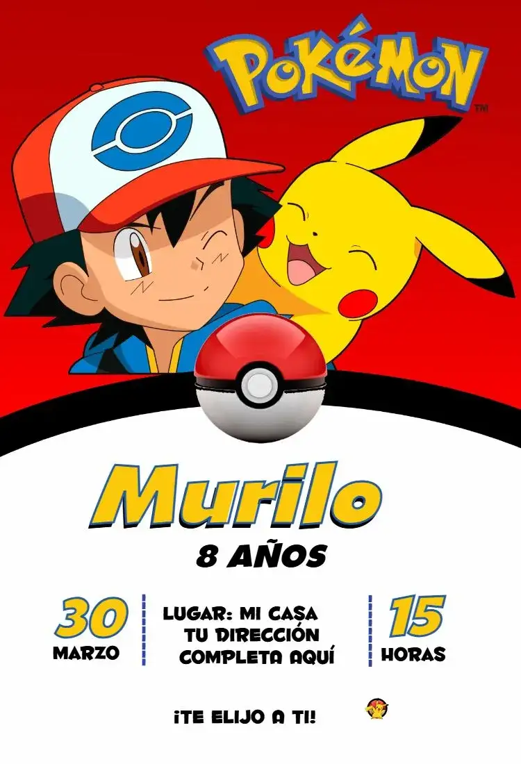 Invitación Pokemon 3 – tema Cumpleaños colorido, divertido, temático, infantil, jogos, animado