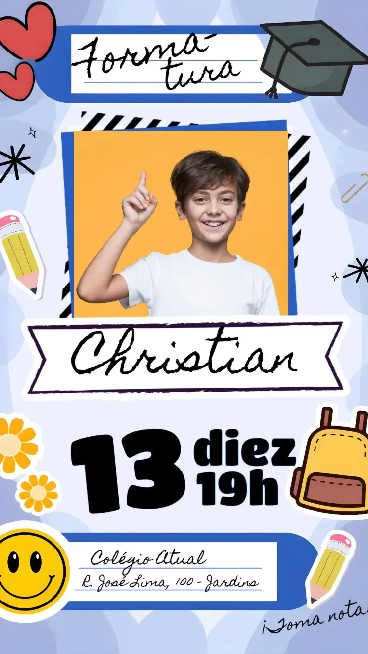 Invitación Graduación Infantil Con Foto a Color – tema Graduación colorido, escolar, divertido, moderno, infantil