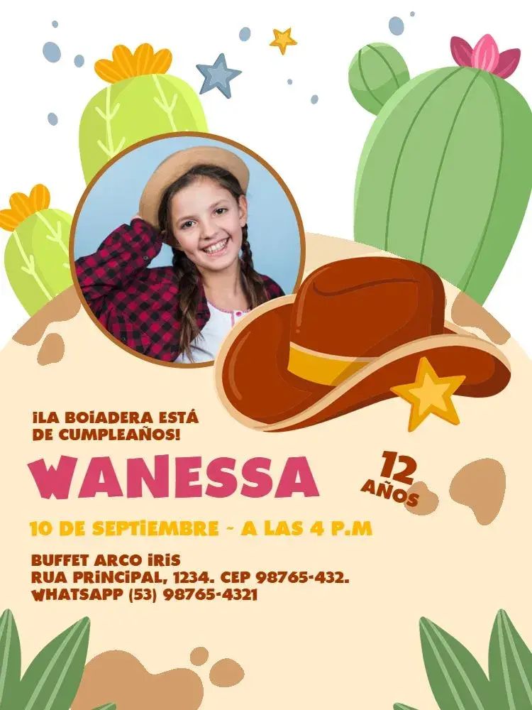 Invitación con Foto Colorida de Vaquera y Cactus