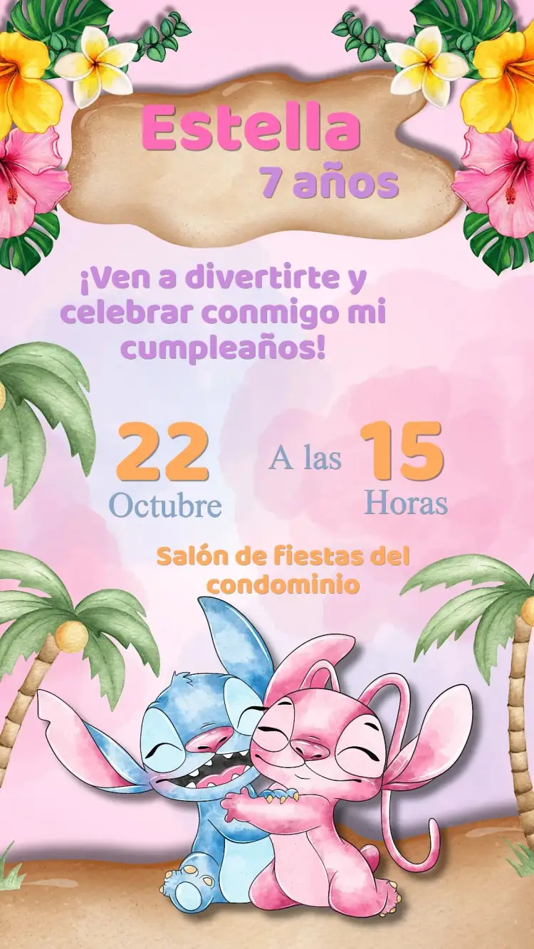 Invitación Cumpleaños Stitch y Angel