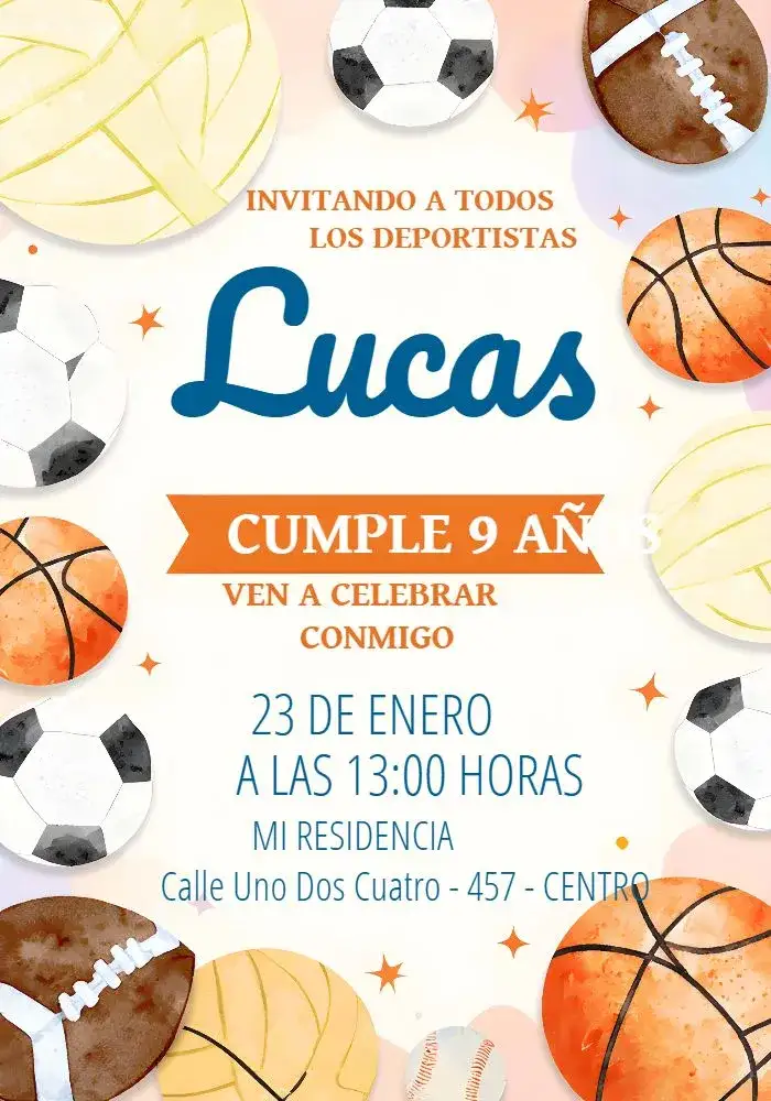 Invitación Deportes Bolas – tema Más buscados deportivo, colorido, divertido, acuarela, moderno, joven