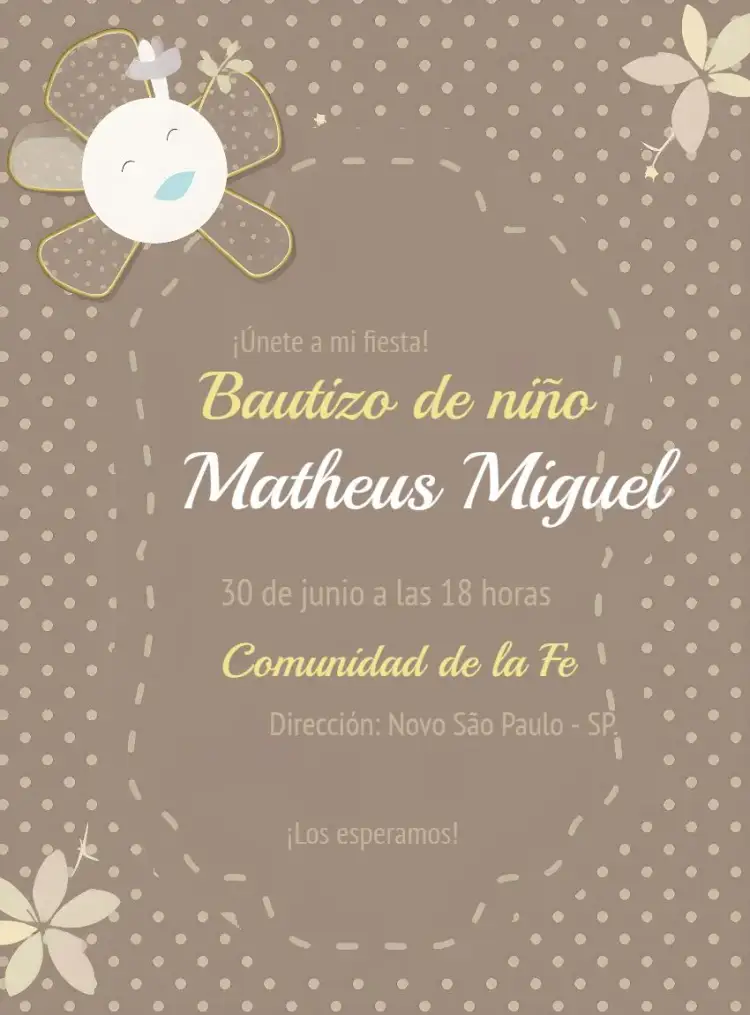 Invitación Bautismo Iglesia – tema Bautismo azul y marrón, floral, moderno, delicado, religioso, infantil