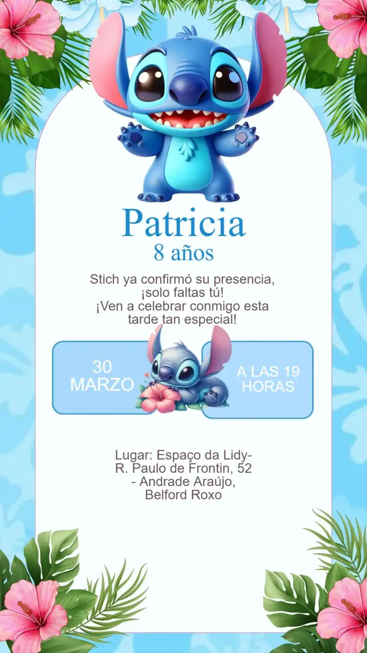 Invitación Invitación Cumpleaños Stitch – tema Cumpleaños Infantil colores vibrantes, estilo lúdico, elementos gráficos de Stitch, tema tropical, divertido, colorido
