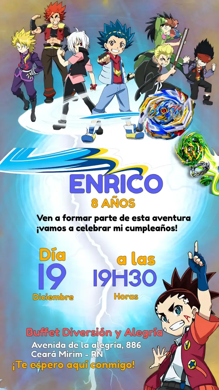 Invitación Beyblade – tema Cumpleaños Infantil azul, tema de batalla, moderno, divertido, joven, dinámico