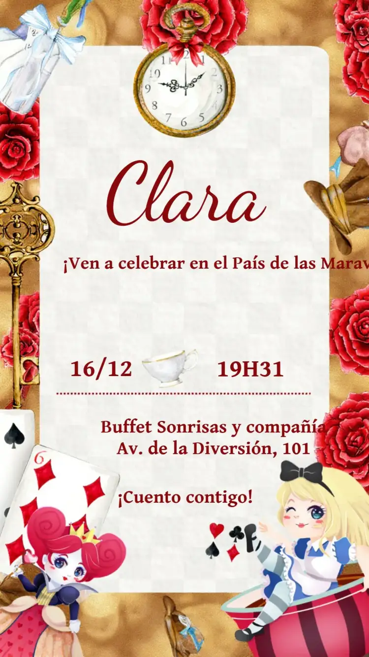 Invitación Alicia En El País De Las Maravillas Infantil – tema Fechas Conmemorativas lúdico, colorido, fantástico, vintage, ilustraciones infantiles