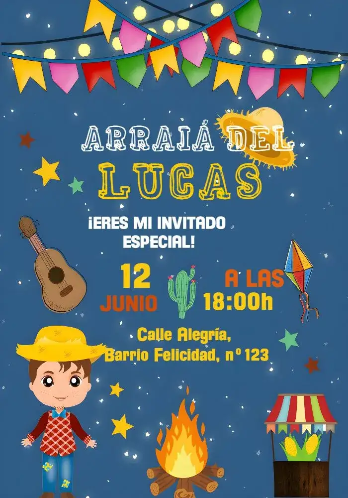 Invitación Para Fiesta Junina del João – tema Fechas Conmemorativas colorido, festivo, típico, rústico, alegre, cultural