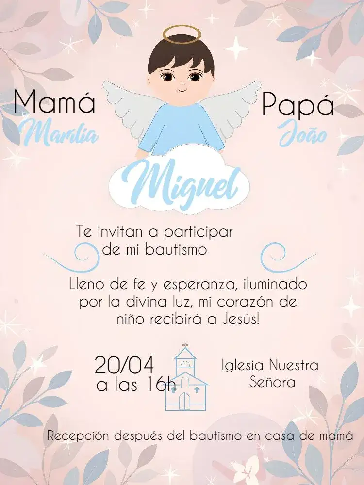 Invitación Bautizo Angelito – tema Bautismo azul claro, blanco, angelitos, diseño delicado, estilo moderno