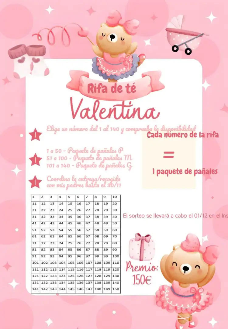 Invitación Té Rifa Osita Bailarina – tema Té Rifa rosa suave, bailarinas, ursinhos fofos, estilo infantil, diseño lúdico, elementos gráficos delicados