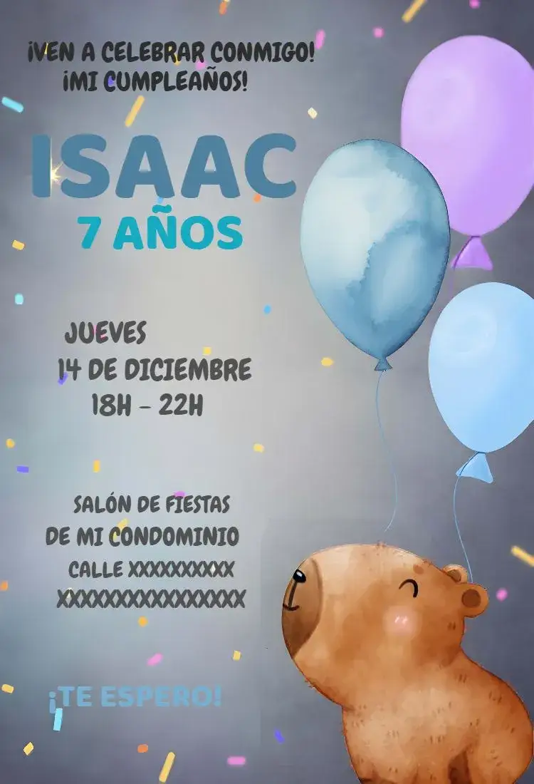 Invitación Capibara Azul – tema Cumpleaños Infantil acuarela, animales, naturaleza, colorido, divertido, infantil