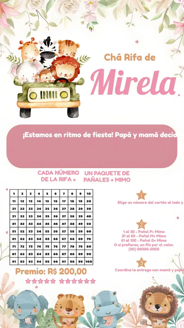 Invitación Chá Rifa Safari Fralda – tema Más buscados safari, acuarela, animales de la selva, rosa y marrón, divertido, infantil