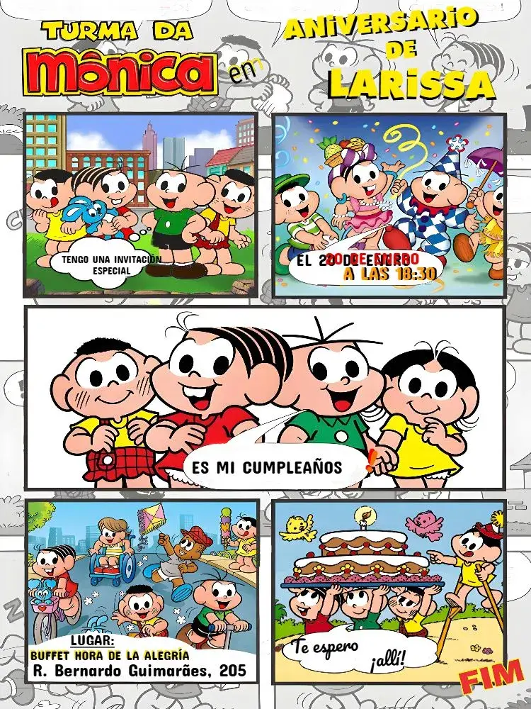 Invitación Turma Da Mónica Cómics Pájaros editable y personalizable