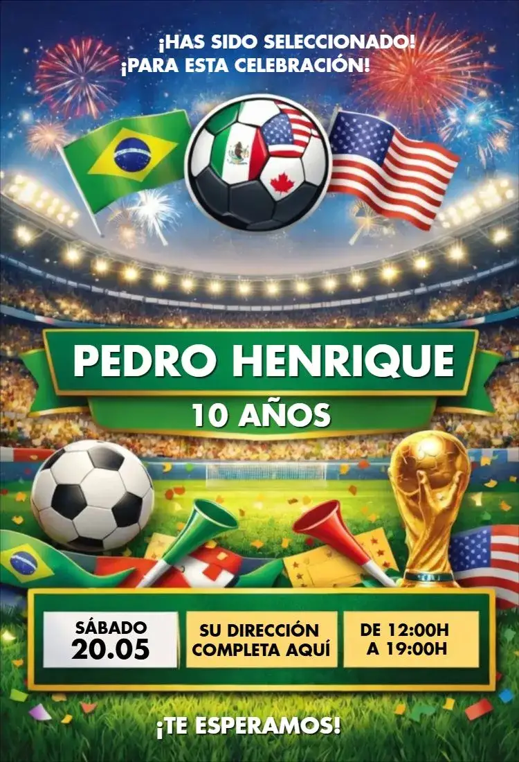 Invitación Copa del mundo 11 – tema Cumpleaños fútbol, moderno, vibrante, colorido, temático