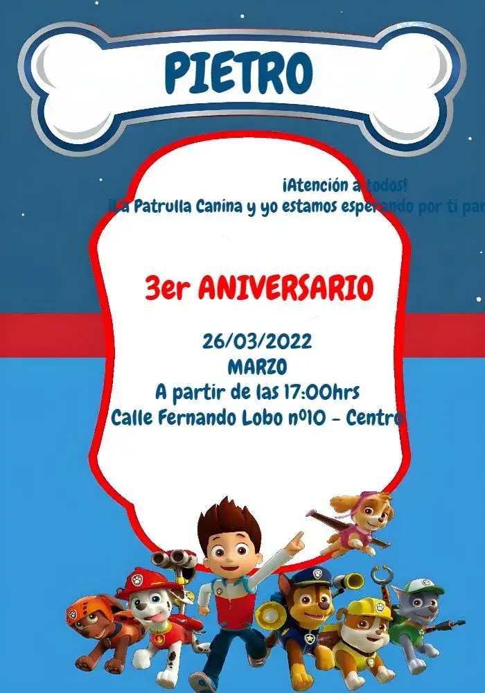 Invitación Patrulla Canina Online – tema Cumpleaños Infantil colorido, divertido, temático, animado, infantil, jovial