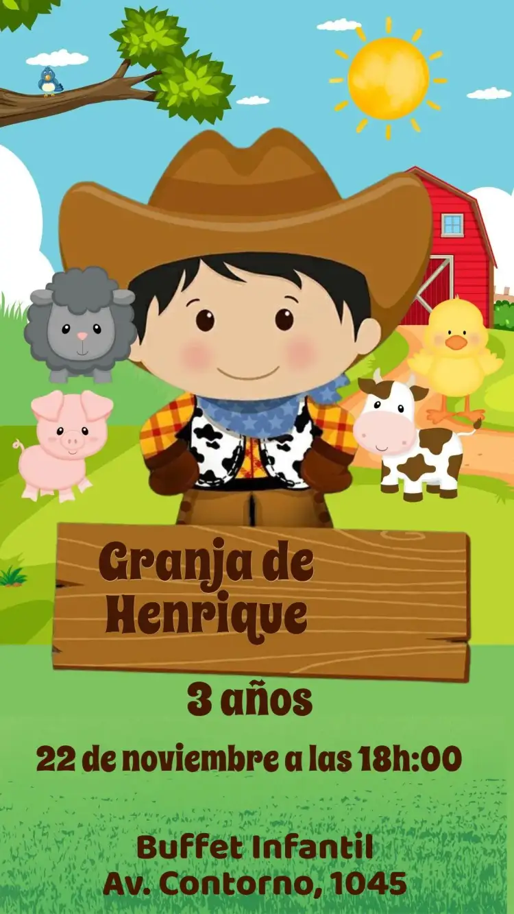 Invitación Granja – tema Cumpleaños Infantil rústico, colorido, divertido, campestre, vintage
