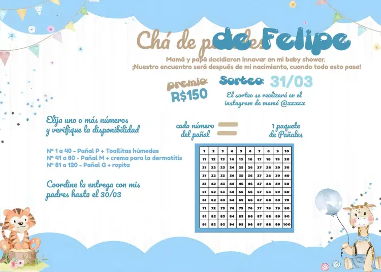 Invitación Té Rifa Osito Príncipe Tigre – tema Té Rifa animales, lúdico, azul claro, divertido, infantil, moderno