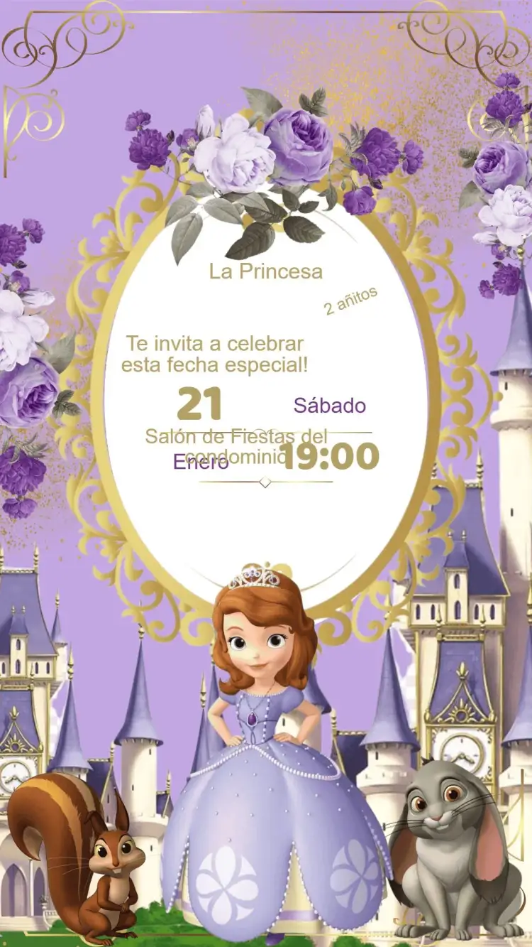 Invitación Invitación Cumpleaños Princesita Sofía – tema Cumpleaños Infantil rosa, lila, princesas, brillo, alegría, mágico