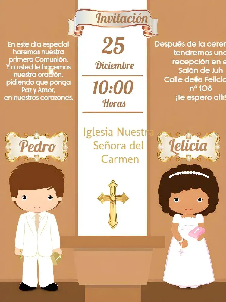 Invitación Primera Comunión Marrón – tema Primera Comunión marrón, dorado, blanco, elegante, minimalista, infantil