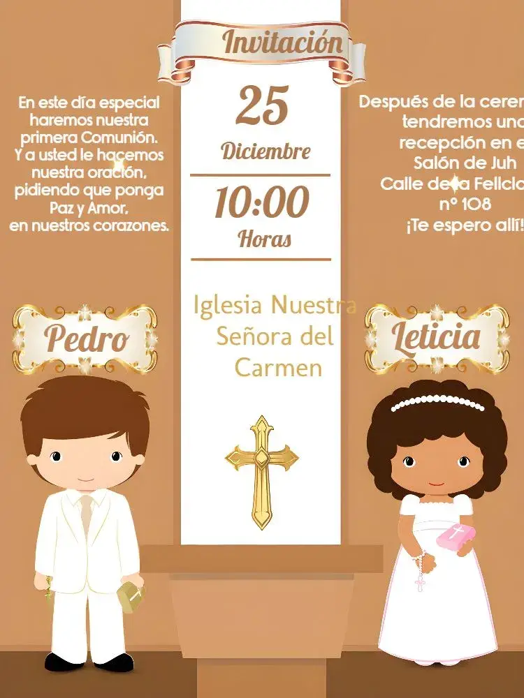 Invitación Primera Comunión Marrón editable y personalizable